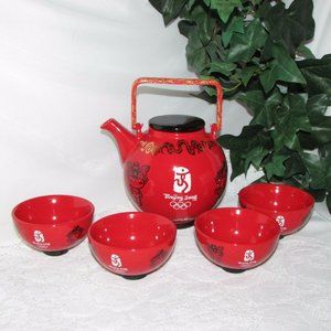 Tea Set BEIJING OLYMPICS 2008 Red Teapot Teacups Mascot FUWA  Commemorative